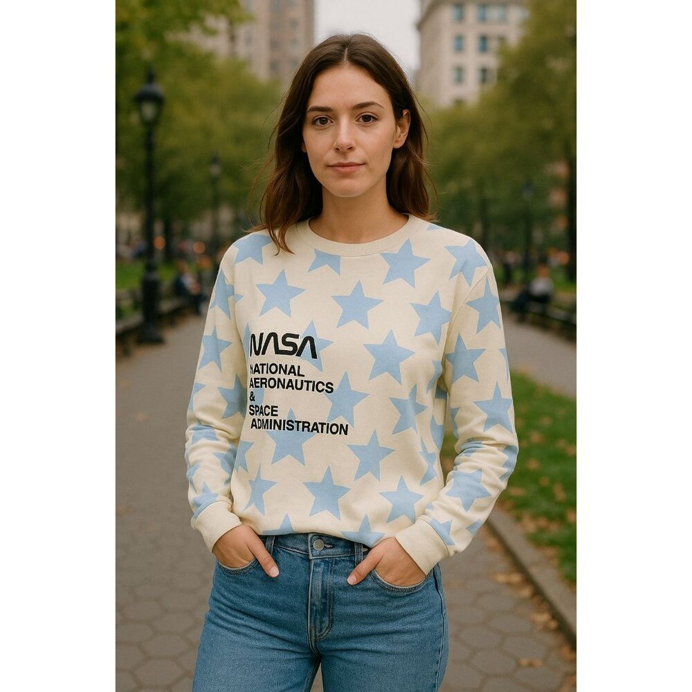 NASA Mighty Fine XL Shirt Star Long Sleeve Crop Top Retro Vintage Graphic Tee